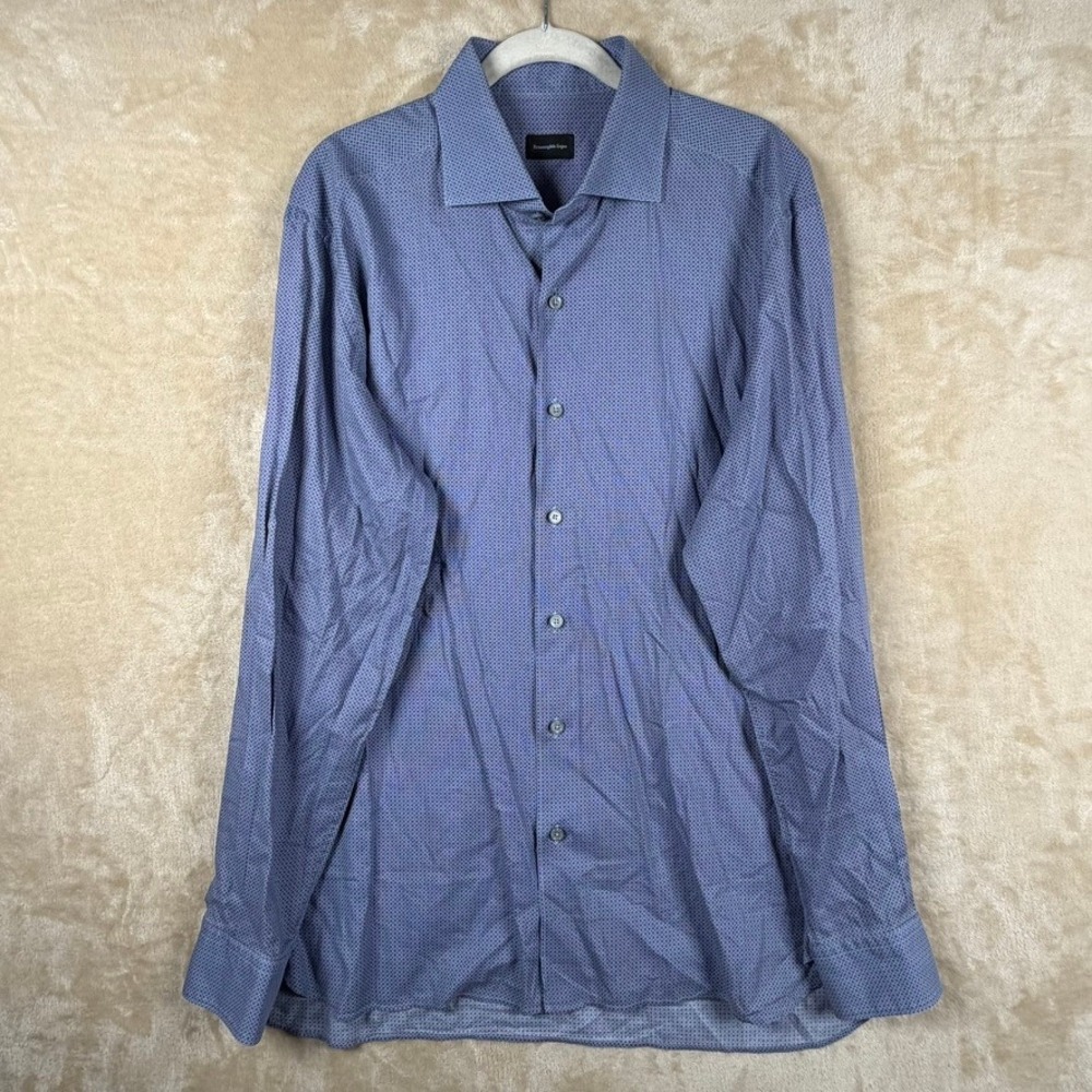Ermenegildo Zegna Mens XL Blue Geometric Print Cotton Button Down Shirt Luxury